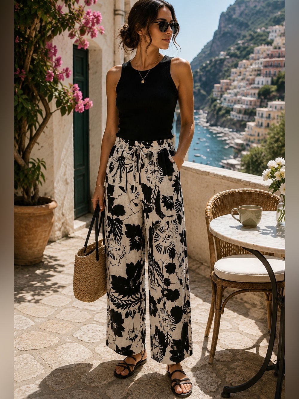 Nicole Miller 100% Linen Wide Leg Botanical Coastal Resort Pants Small